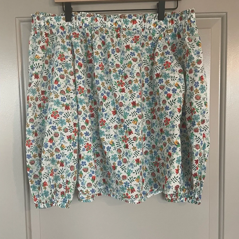 J. Crew Off-Shoulder Floral Blouse in Light Blue with Multi-Color Print